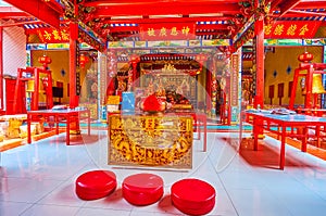 The small prayer hall of Lao Pun Tao Kong shrine, one of the most honoured in Chinatown of Bangkok, Thailand