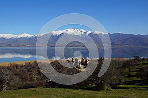 Small Prespa Lake, Agios Achillios island, the ruins of St. Achillius, Greece