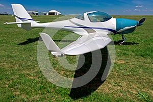 Small private plane, sport propeller aircraft.