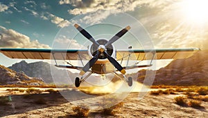 Small Private Propeller Airplane Taking off in a Desert Area - Generative Ai