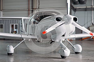 Small private turbo-propeller airplane in hangar