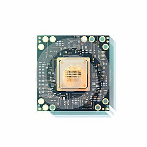 Small Processor In Dark Gold And Light Emerald: Intricate Illustrations On White Background