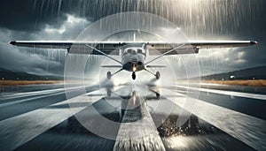 Small propeller airplane on wet runway during heavy rainstorm