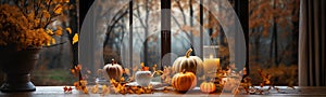 Pumpkin display with candle and fall foliage resting on window sill with a country veiw banner - generative AI photo