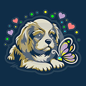 A small puppy plays with a butterfly against a background of hearts, for Valentine\'s Day or a Birthday or a Wedding.