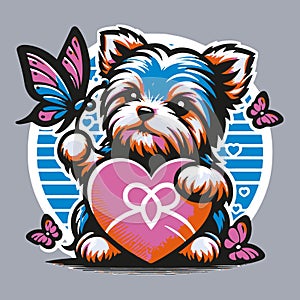 A small puppy plays with a butterfly against a background of hearts, for Valentine\'s Day or a Birthday or a Wedding.