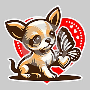 A small puppy plays with a butterfly against a background of hearts, for Valentine\'s Day or a Birthday or a Wedding.