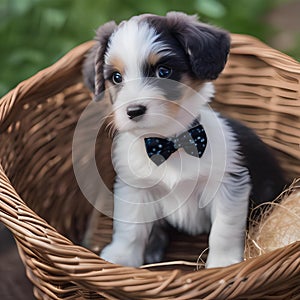 A small puppy wearing a bowtie and sitting in a basket3