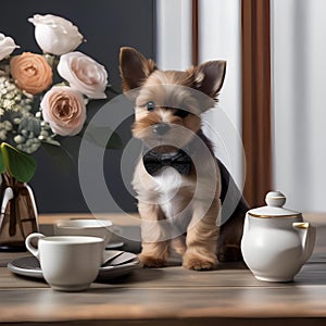 A small puppy wearing a bowtie and sitting at a tiny table with a tea set3