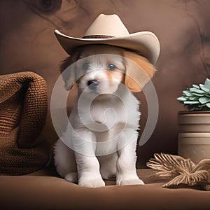 A small puppy wearing a cowboy hat and sitting on a toy horse4