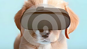 A small puppy is wears VR glasses. Virtual reality, technology concept with animal