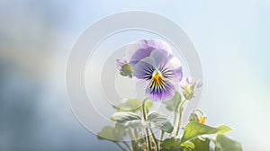 A small purple flower (Viola cornuta) in spring leaves, in the sun in a clear blue sky. Generative AI