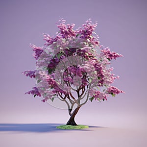 Small purple tree with pink flowers, standing alone on ground. It is surrounded by light blue background and appears to