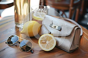 small purse with a lemon and sunglasses on caf table