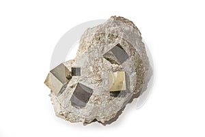 Small pyrite or fool`s gold rock or pyrite on white