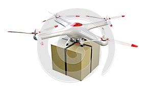 Small quadrocopter drone delivers a package.