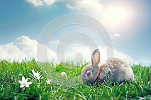 A small rabbit lounges in the sunny grass of a natural landscape