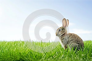 A small rabbit is peacefully resting in the grass under the sunny sky