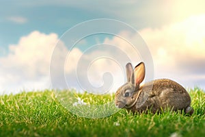 A small rabbit sits in the grass under a sunny sky