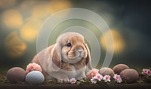 a small rabbit sitting in front of some eggs and flowers on the ground with a blurry background of eggs in the foreground and a