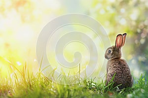 a small rabbit is sitting in the grass looking up at the sun