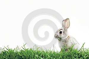 a small rabbit is sitting in the grass on a white background