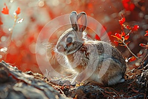 A small rabbit sitting on the ground in front of a tree, AI