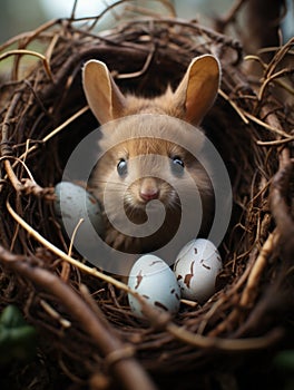 A small rabbit sitting in a nest with three eggs, AI