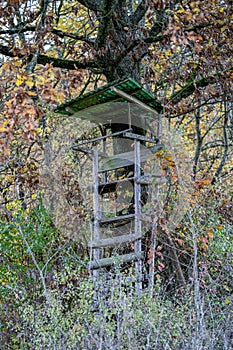 Small raised hide for hunting in the middle of the forest