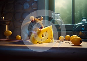 Small rat with cheese. Cute little mouse hungry eating food. generative ai