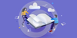 Small reading people flying above book. Education concept. School or university students. Science banner.