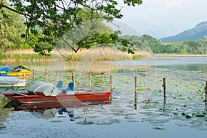 Small recreation craft moored by side of lake Piano
