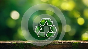 A small Recycle symbol close-up with a bokeh green background and horizontal lines, depicting nature