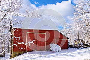 Small Red Barn in the Snow