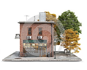 Small red brick building with book store on a first floor and alley near it