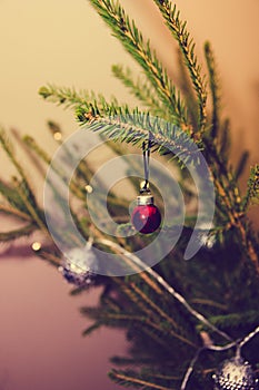 Small red christmas ball hanging on the fir branch