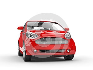 Small Red Compact Car - Front Headlight View