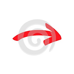 Small red curved arrow sign, slightly rounded symbol and icon for business or website button decoration in isolated light photo