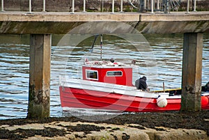 A small red fishing boat between the posts of a pier on a calm day