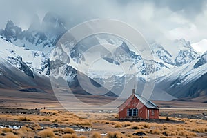 A small red house in the middle of Patagonia, with snowcapped mountains in the background. Ai generated