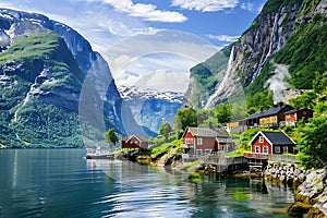 Small red houses by the fjord with mountains and waterfalls in the background