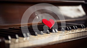 Small red paper heart on piano keys, abstract, love