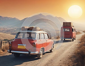 A small red retro car drives off into the distance towards the hills above which there is a huge orange sun, tourist suitcases on