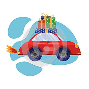 Small red retro car with present on the top. Christmas, New Year, Birthday concept. Preperation for the holiday. Flat illustration