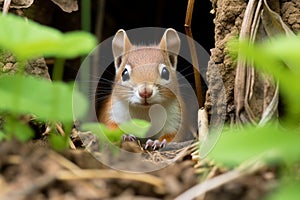 a small red squirrel peeking out from a hole in the ground