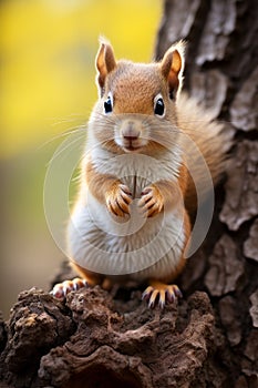 a small red squirrel sitting on a tree trunk