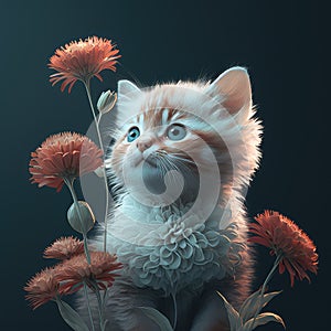 Small red and white kitten sitting near bright flowers. Funny cat and blossom on dark background. Greeting card concept