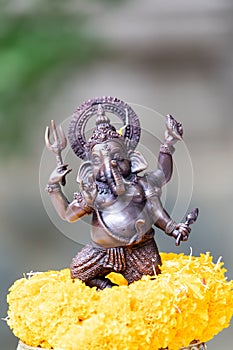 Small replica of Ganesh with iron color is worshiped with a glowing yellow marigold