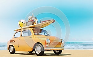 Small retro car with baggage, luggage and beach equipment on the roof, fully packed, ready for summer vacation, concept of a road