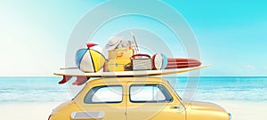 Small retro car with baggage, luggage and beach equipment on the roof, fully packed, ready for summer vacation